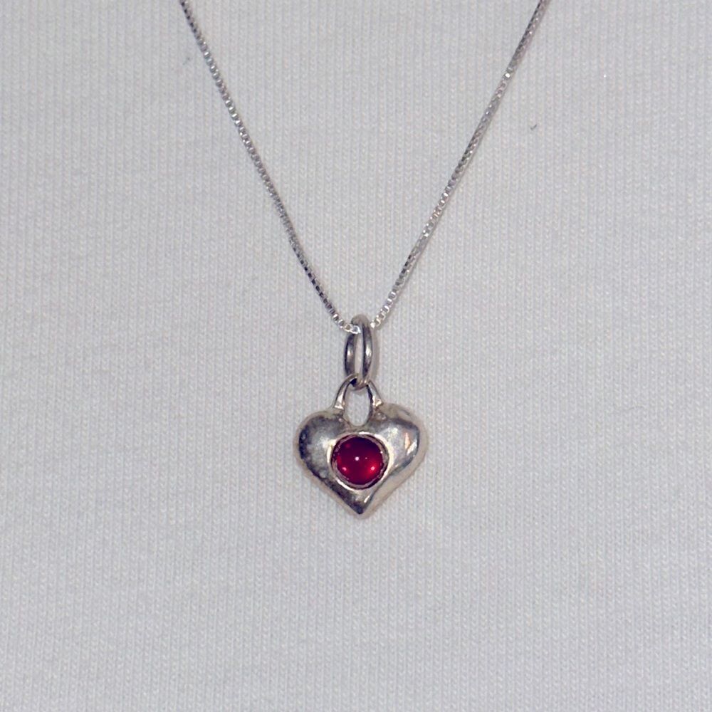 925 Silver small‎ heart pendant with July (red) birthstone with chain